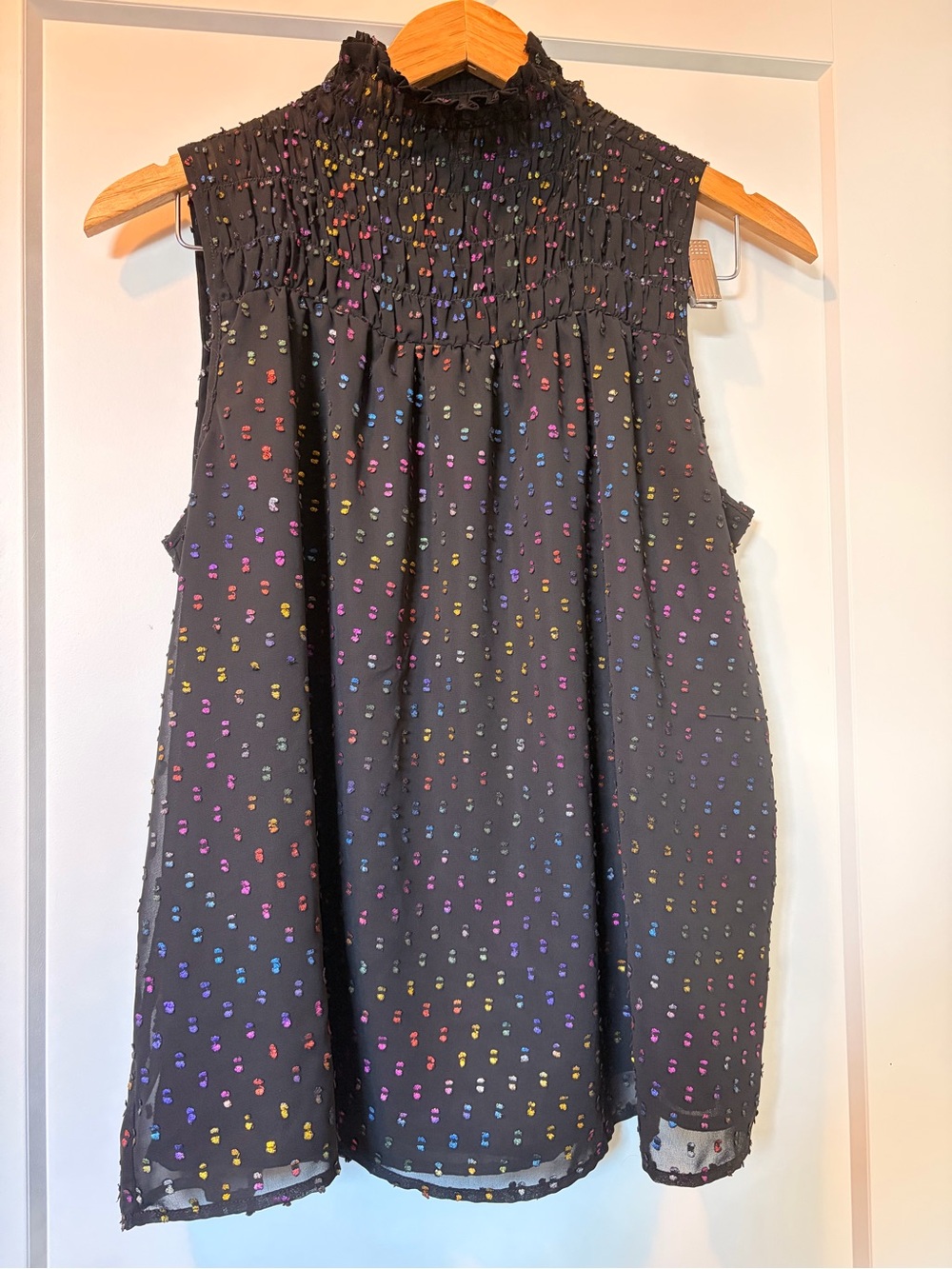 Smocked High-Neck Black Camisole with Multicolor Dot Accents